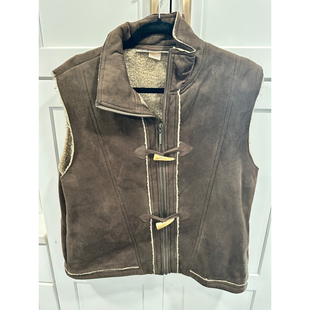Petals Brown Suede Sherpa Lined Vest Women's XL Duffle Toggle Zip vtg